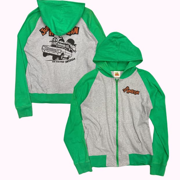 green raglan printing hood zip-up