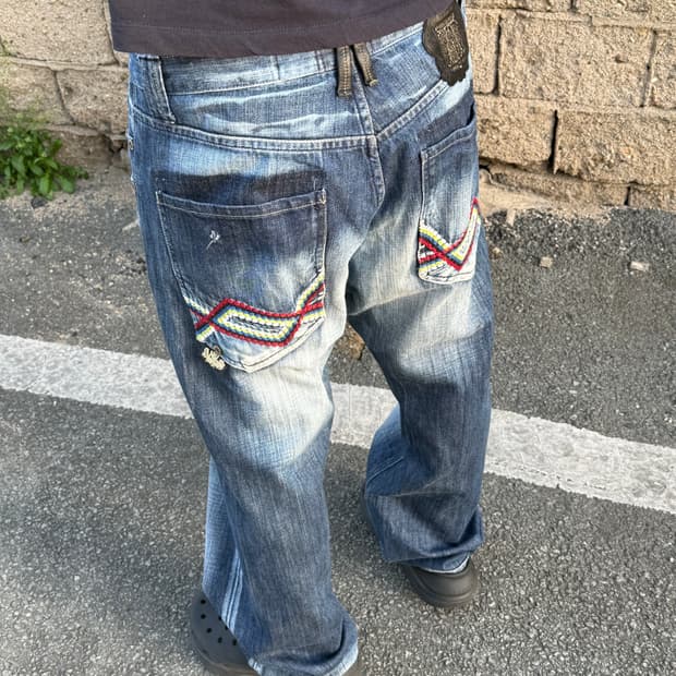 빈티지 자수 워싱 데님 팬츠
