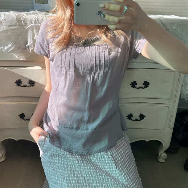 빈티지 모리 페일퍼플 핀턱 블라우스