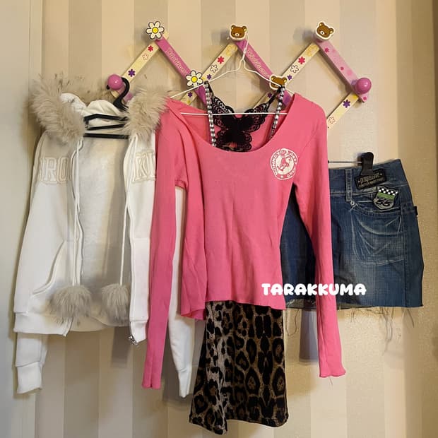 빈티지 y2k 갸루코디세트 핑크호피화이트퍼집업