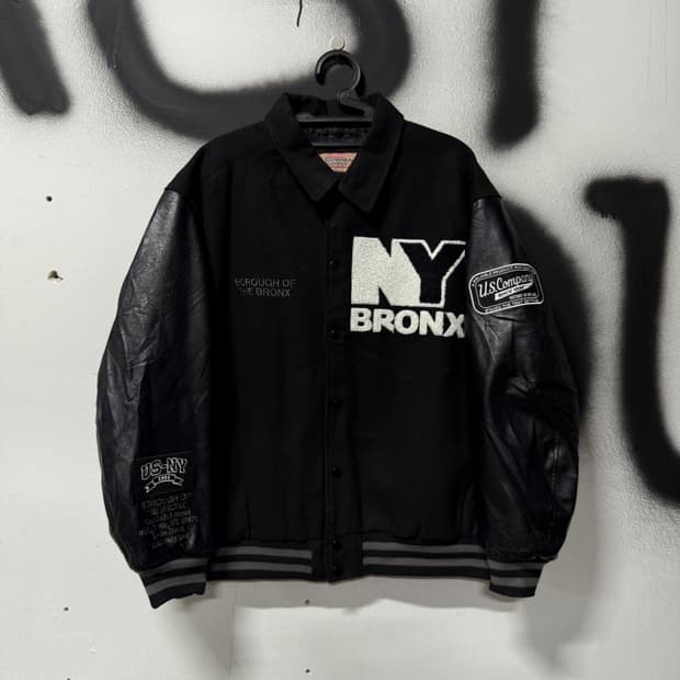 US Company 멀티 패치 디테일 울 혼방 레더암 바시티 자켓