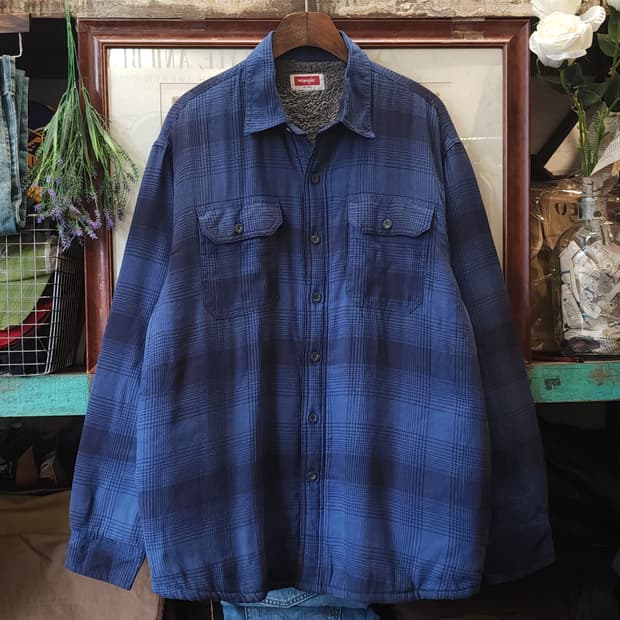 00s 랭글러 웨스턴 셔츠 플란넬 체크셔츠 쉐르파 양털 자켓 블루 L
