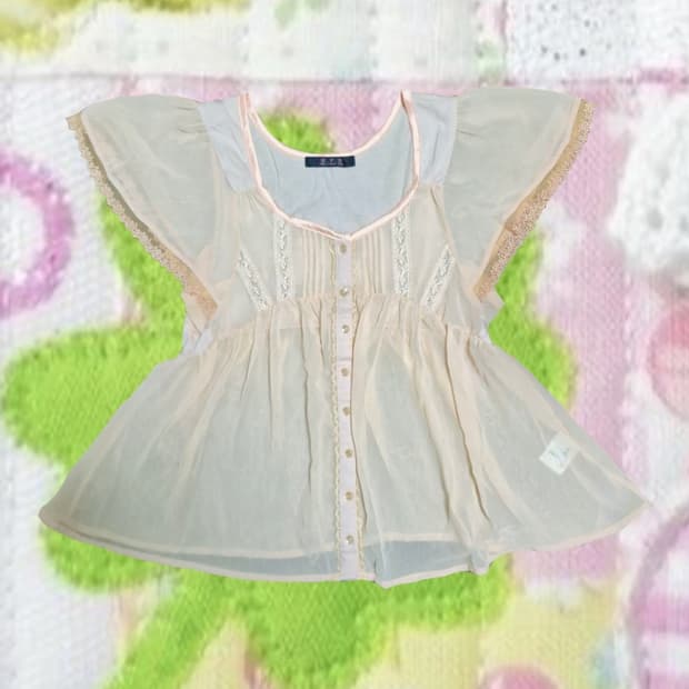 빈티지 모리걸 러블리 핑크 시스루 레이스 블라우스