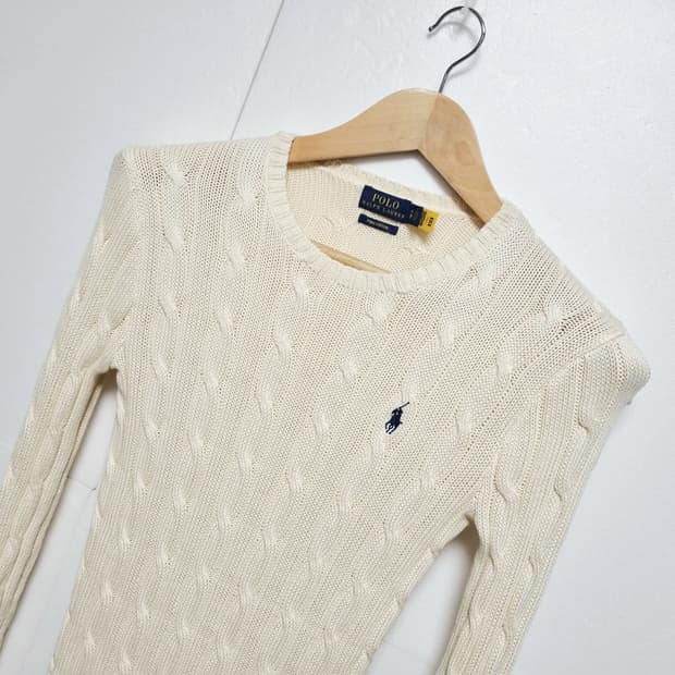 여성 QR인증 폴로 피마 코튼 아이보리 긴팔 케이블 꽈배기 니트 스웨터