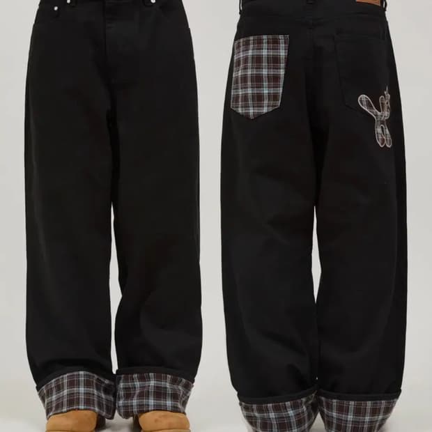 와이케이 체크 아플리케 롤업 코튼팬츠 블랙