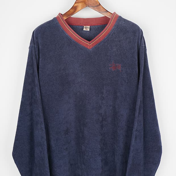 90's STUSSY terry cotton V-neck sleeve