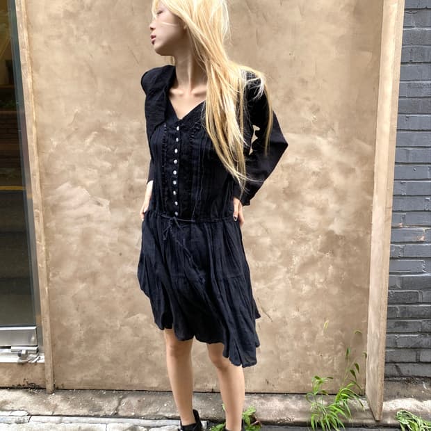 Mori-Girl lace&Button Detail Black Long