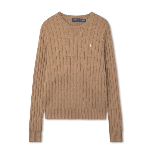 폴로 여성 케이블 니트 코튼 크루넥 스웨터 - 미디엄 베이지