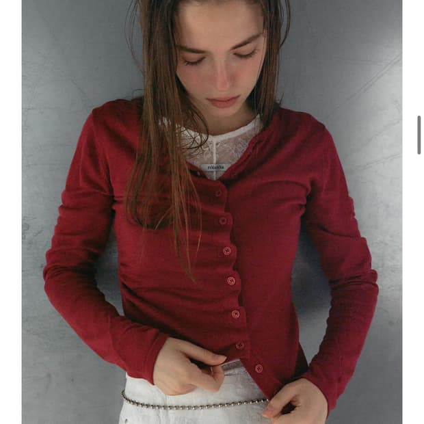 shirring button unbalance cardigan red