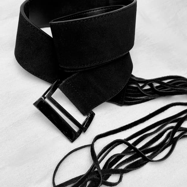 Real leather black suede fringe belt