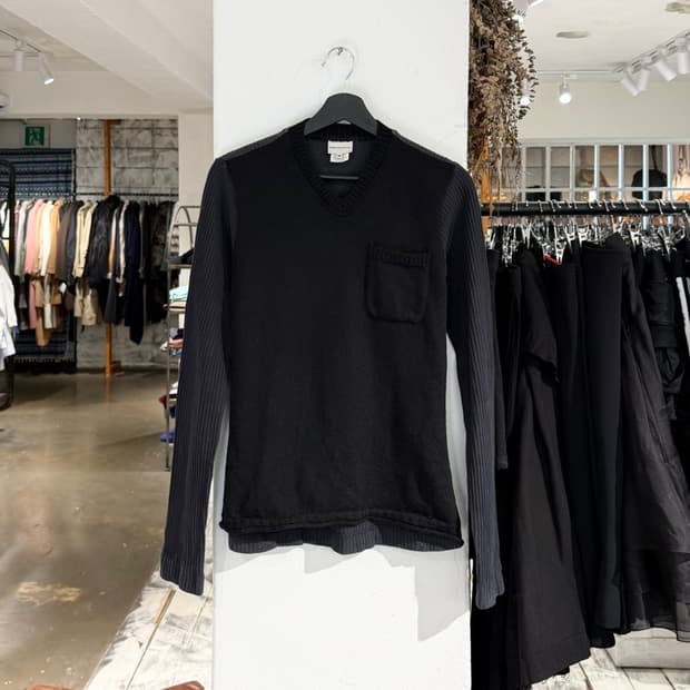 드리스 반 노튼 블랙 립니트 믹스 포켓 스웨터