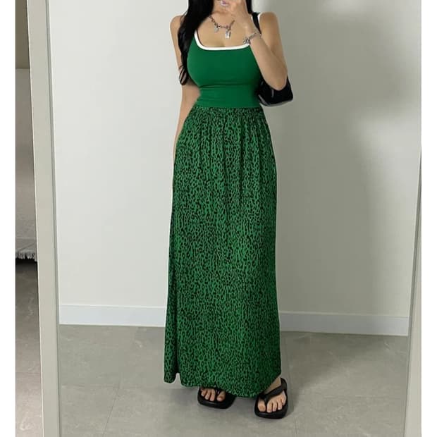 초록 레오파드 밴딩 롱스커트