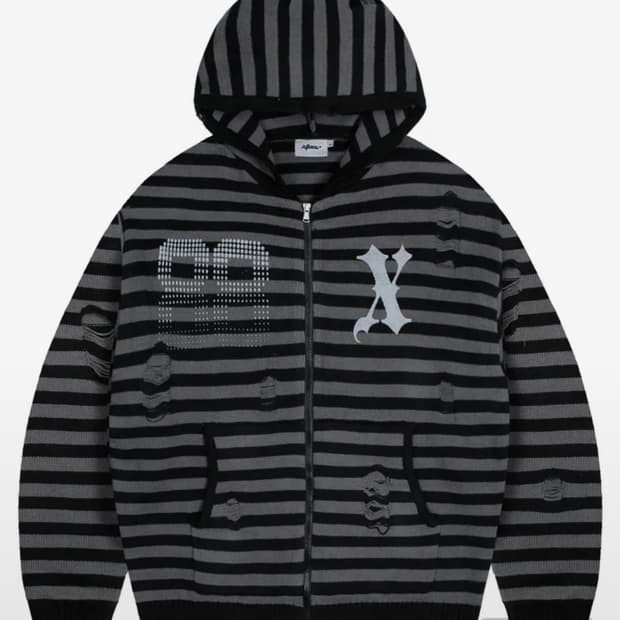 엑스톤즈 XTK131 데미지 스트라이프 니트 후드 집업 (BLACK)