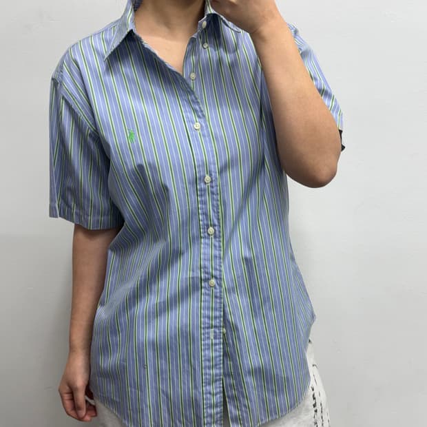 [L] 랄프로렌 커스텀핏 그린블루 스트라이프 반팔셔츠