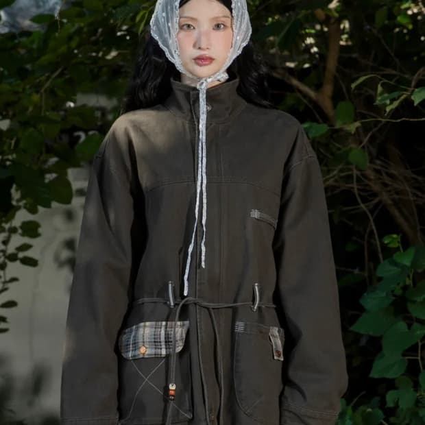 루나키후 체크 배색 워싱 코튼자켓