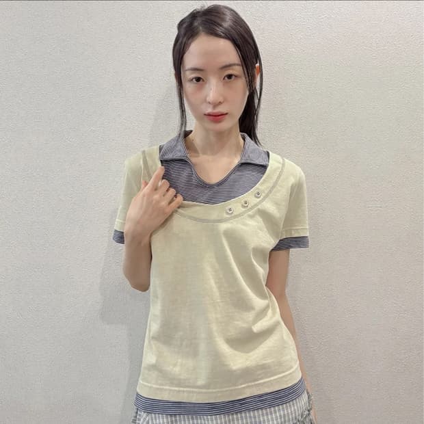 오피쉬 Stripe Layered Collar T-Shirts, Yell
