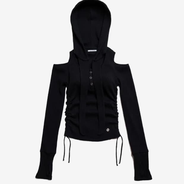 돈애스크마이플랜 오프숄더 후드 롱슬리브 블랙