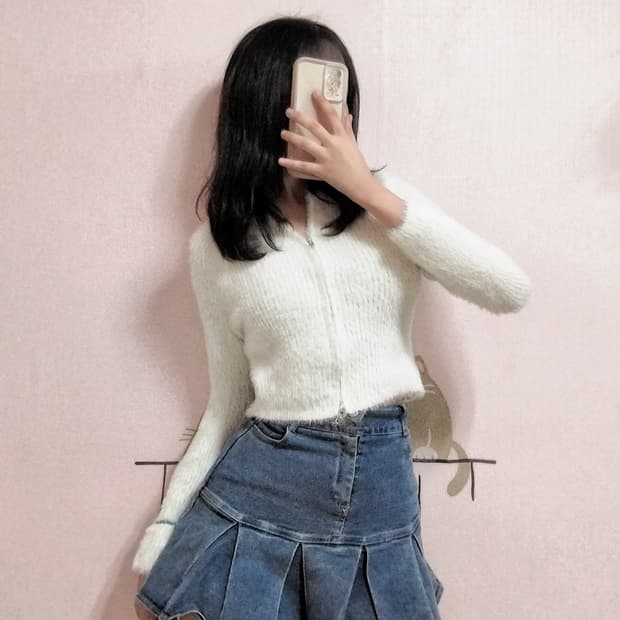 (코디셋♥︎) 크롭 털 가디건 + 데님 플리츠 빈티지 치마바지