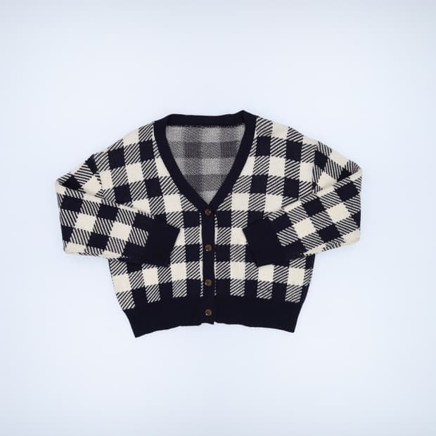 [55정도] 빈티지 여성 체크 브이넥 가디건 0119H1