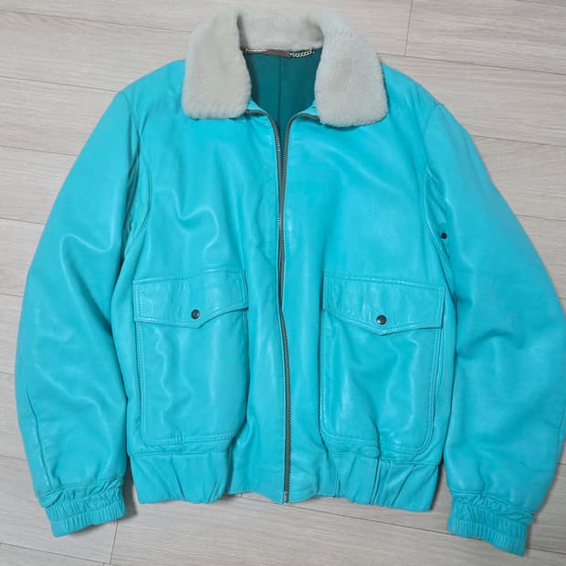 빈티지 청록 민트 티파니컬러 양가죽 봄버 자켓 L