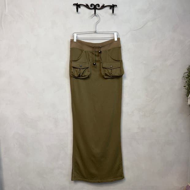 Khaki olive pocket detail cotton maxi sk
