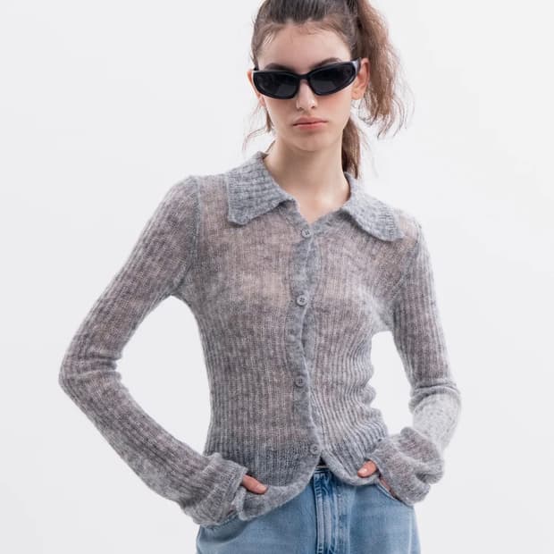 썸플레이스 시스루 슬림핏 니트 슬리브 자켓