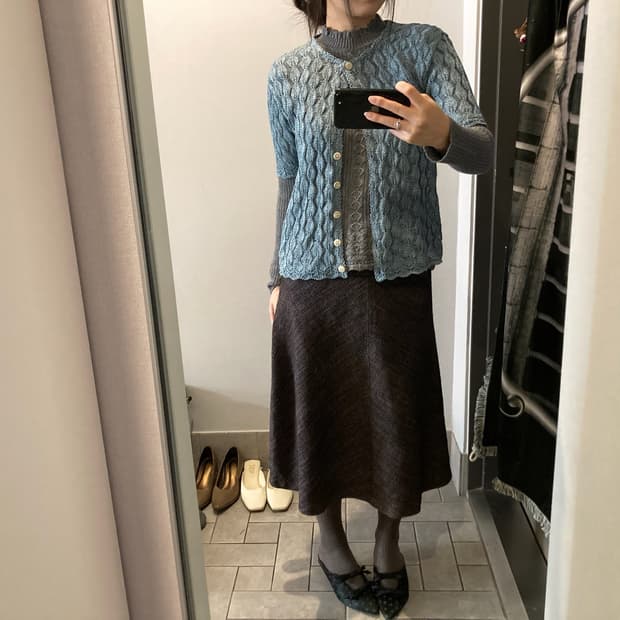 블루 네트 레이어드 니트 반팔 가디건