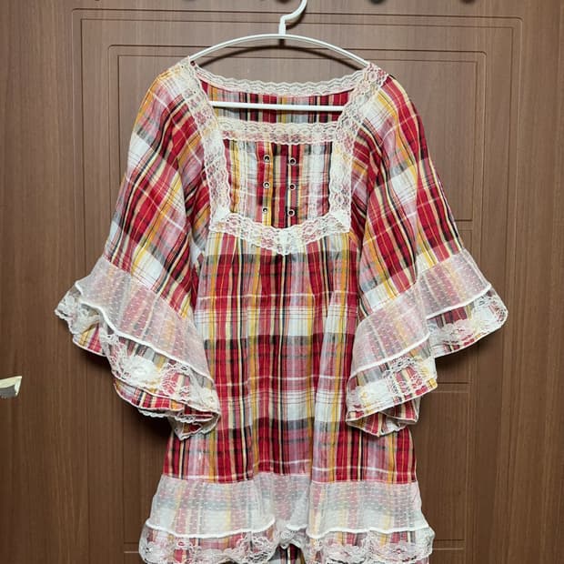 모리걸 하구미 일본 빈티지 천사깔 오렌지 사과 체크 레이스 판쵸 블라우스