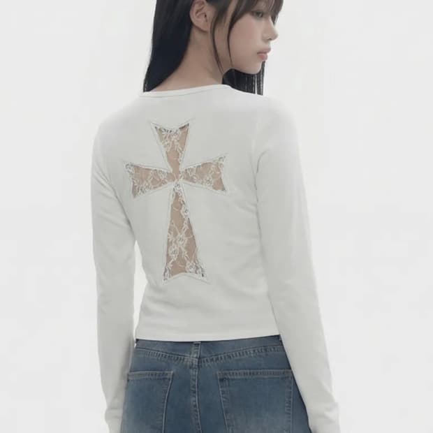 그레이버 [UNISEX]LACE BACK CROSS U넥 롱슬리브_ WH