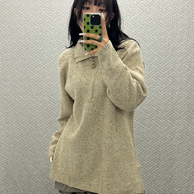 빈티지 걸코어 코지 여리 아방핏 카라 오트밀 롱 니트 K0072