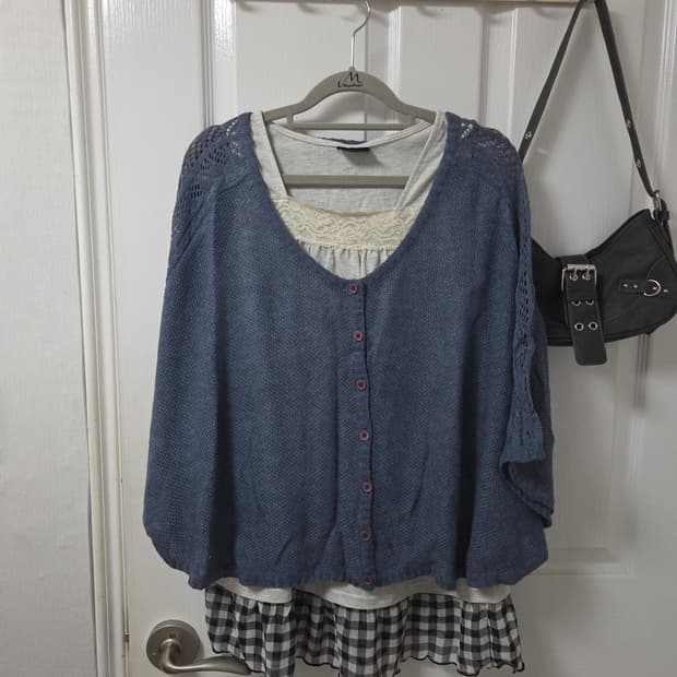 빈티지 블루 모리 상의 코디 세트 (2벌) (케이프, 체크 나시)