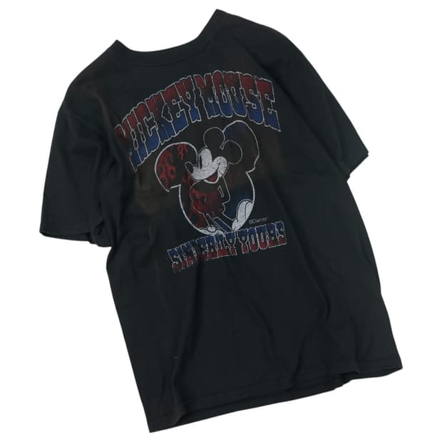 디즈니 미키 마우스 빈티지 플레임 로고 블랙 반팔 티셔츠 (S)