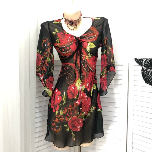 red oriental pattern mesh dress