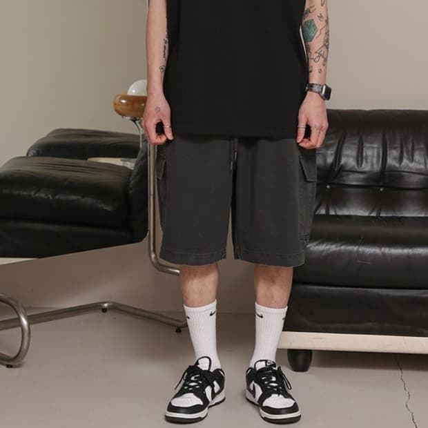 [L] 무신사 테이크이지 스톤 워싱 카고 숏팬츠 쇼츠 반바지 / 다크 그