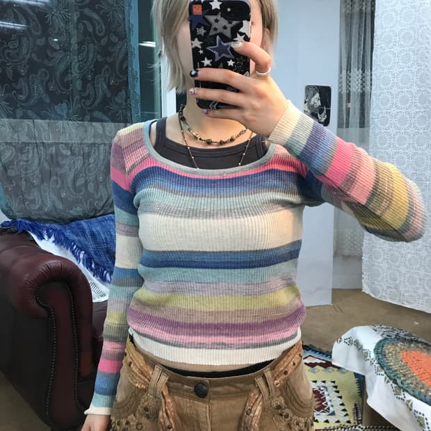 빈티지 여성 스트라이프 골지 니트 
