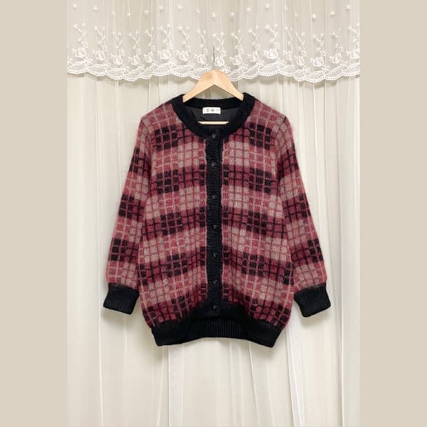 Soft Burgundy Check Wool Cardigan