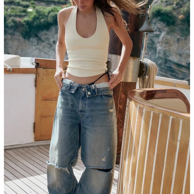 자라 TRF FOLDED WAIST MID-RISE JEANS