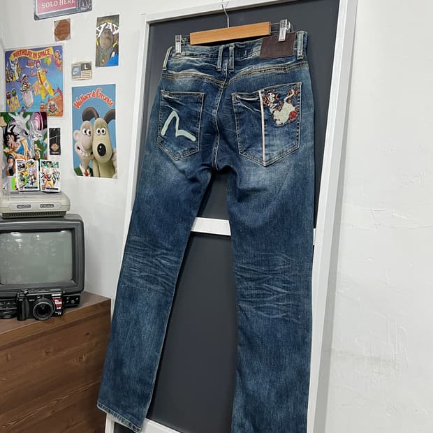 Evisu 에비수 백로고 백호 자수 슬림 스트레이트핏 데님 팬츠 