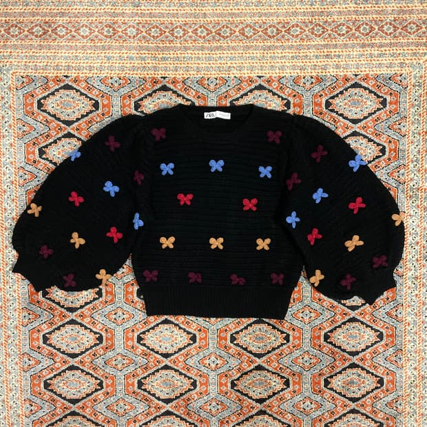 자라 블랙 리본패턴 벌룬 크롭 니트 여성M