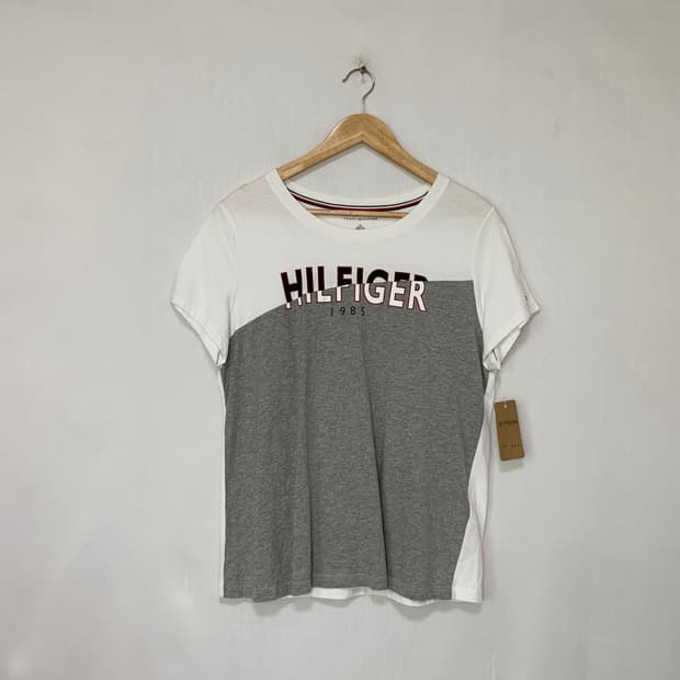 타미힐피거 프린팅 배색 반팔 티셔츠 화이트 그레이 남녀공용