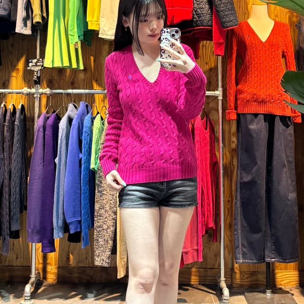 M 폴로랄프로렌 딥핑크 브이넥 케이블 니트