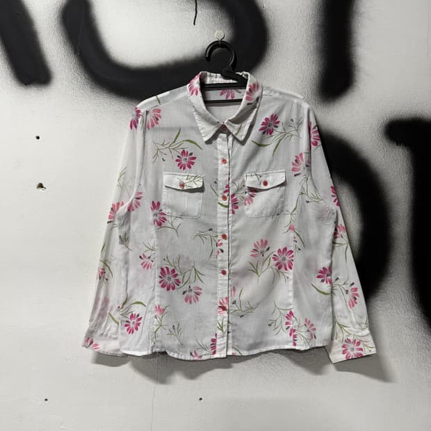 VTG 빈티지 봄 페어리 플라워 패턴 더블 포켓 긴팔 셔츠