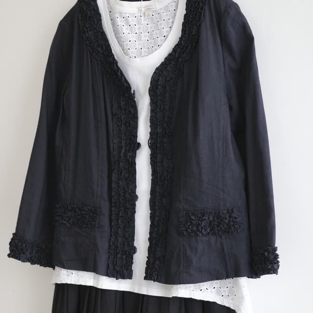 REIKO-TAKASHIMA 블랙 린넨 프릴 자켓