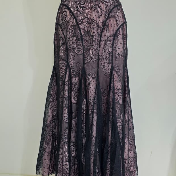 일본빈티지)스나계 블랙x핑크 레이스 오네갸루 로맨틱 망사새틴 댄스롱스커트