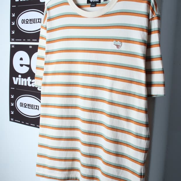 (L-XL) 골라 반팔 티셔츠 스트라이프 베이지 시티보이-H32571