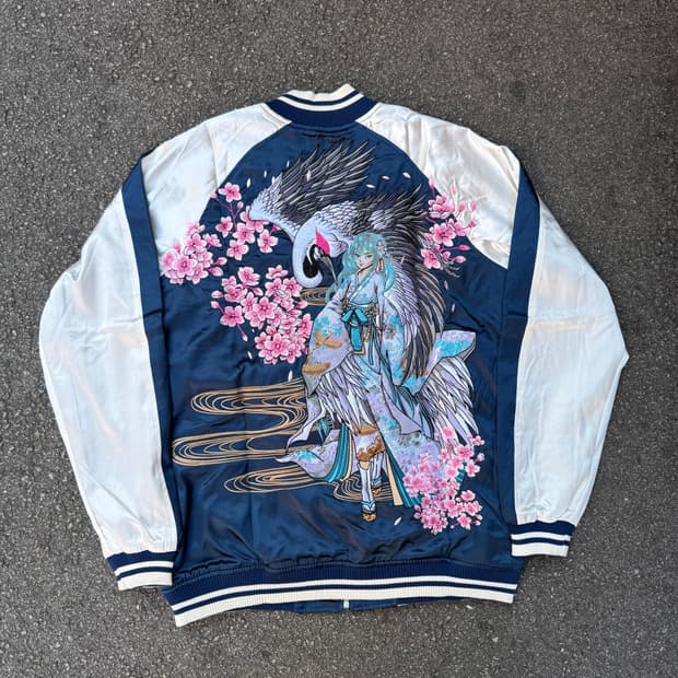 자수 학 벚꽃 스카잔 블루