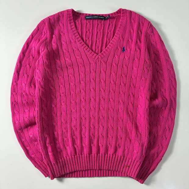 Polo  랄프로렌 스포츠 자수 코튼 핑크 꽈배기 브이넥 니트 