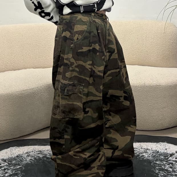 90s 카모플라주 카고 핀턱 와이드팬츠