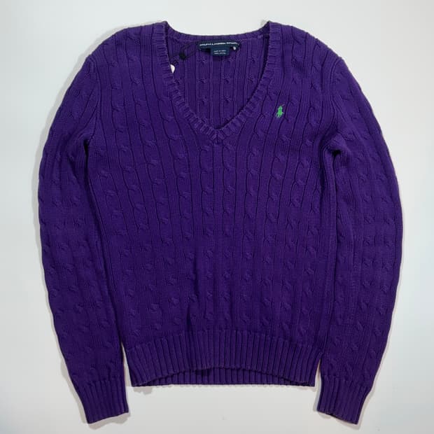 폴로 랄프로렌 스포츠 퍼플 브이넥 케이블 니트