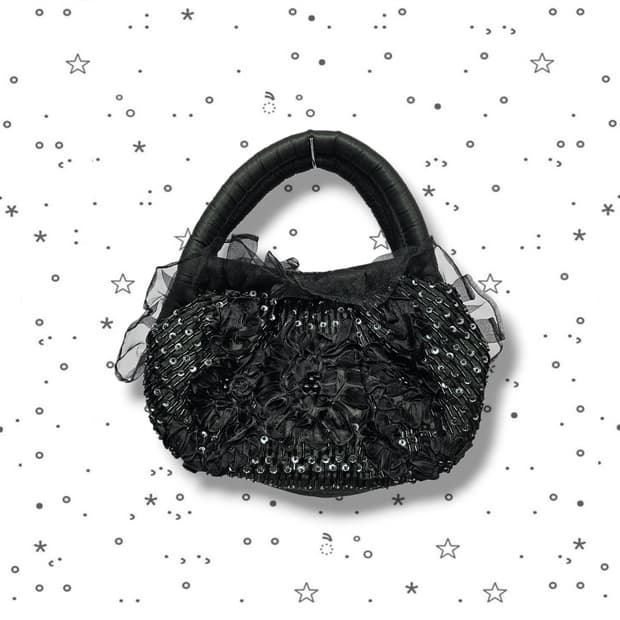 VTG 블랙 로즈 비즈 스팽글 핸드백